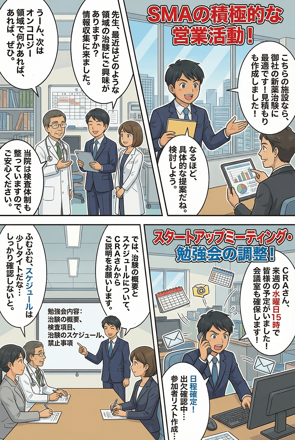 マンガでわかるSMAの積極的な営業活動・スタートアップミーティング、勉強会の調整